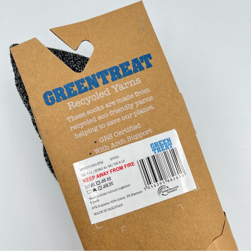 Green Treat Recycled Yarns Heathered Grey 3 Pairs Outdoor Socks Men’s 8-12 - Picture 6 of 6